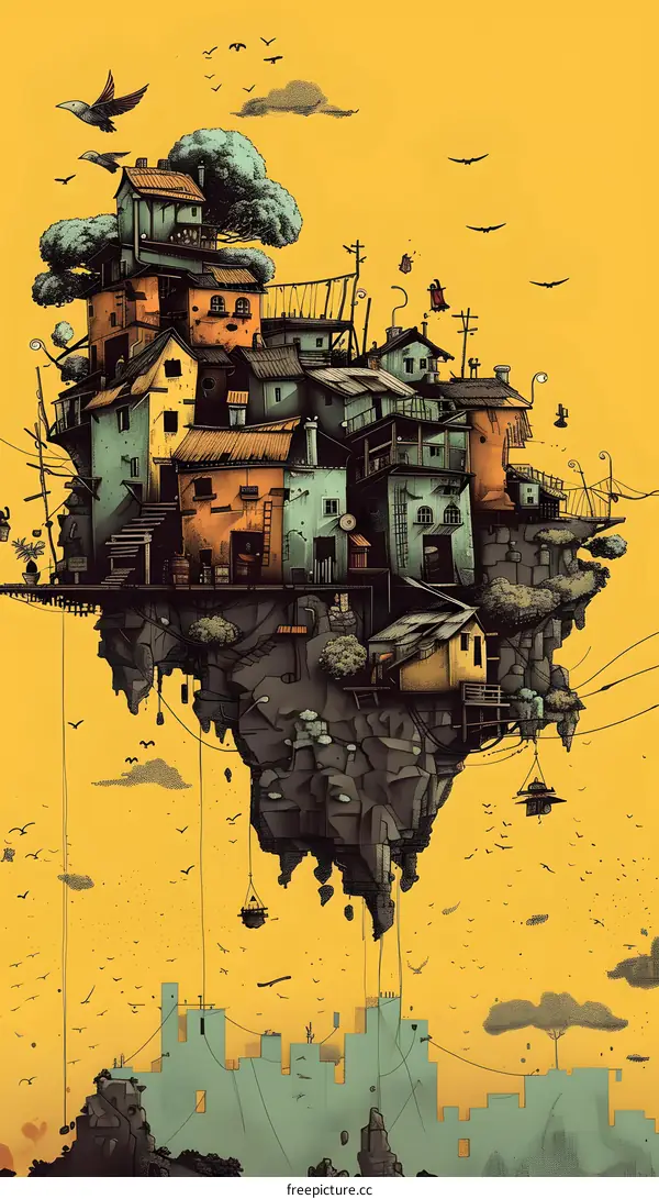 Floating City with Bird Illustration