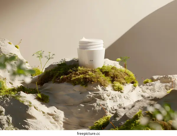 White Cream Jar on Moss Covered Rocks