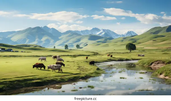 Cows grazing in a lush green field with mountains in the distance