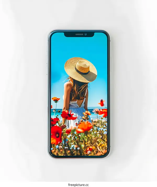 Woman in a Straw Hat Looking at the Ocean on a Smartphone Screen