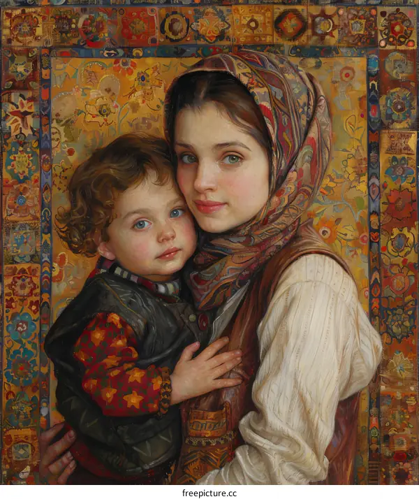 A Mother and Child Portrait in Traditional Style