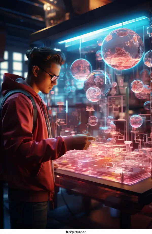 Male Scientist in Lab Coat Examining Glowing Orbs Display