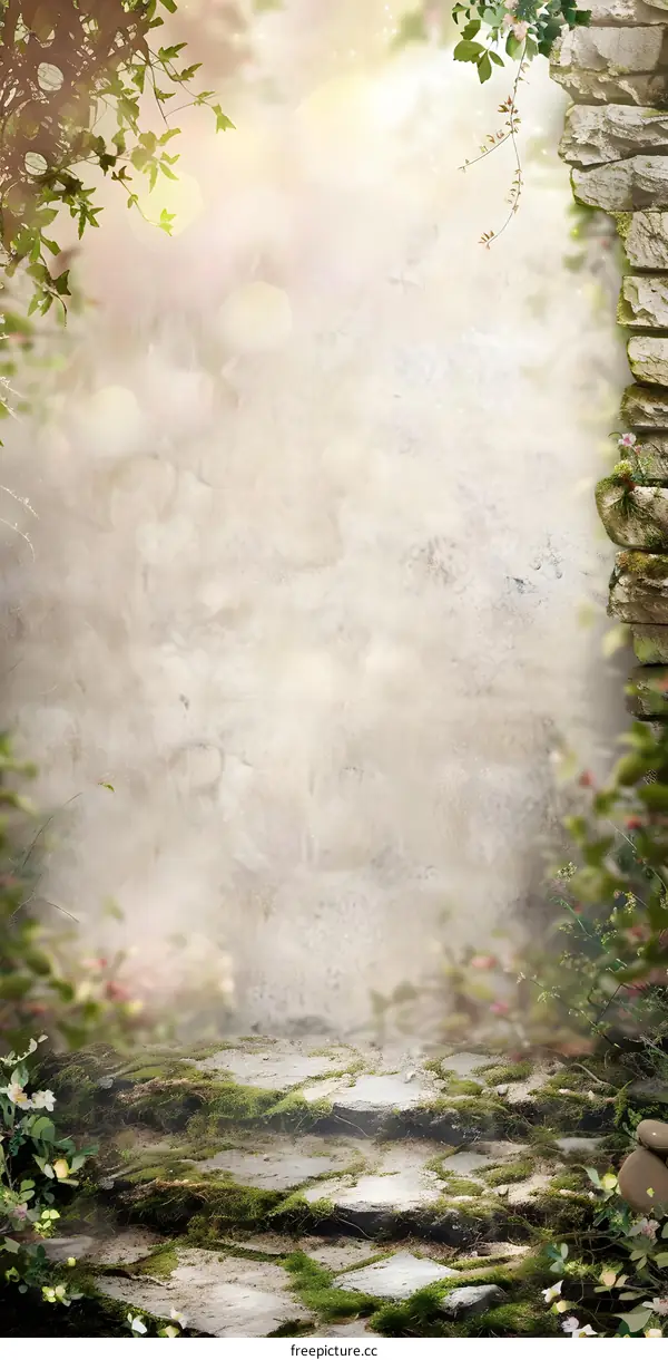 Vintage Stone Pathway With Moss And Flowers
