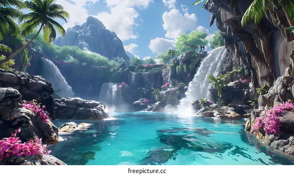 Tropical Waterfall Landscape with Lush Greenery