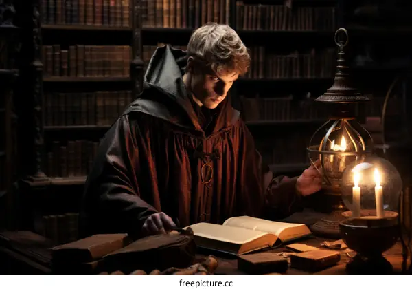 Young scholar reading a book in a library