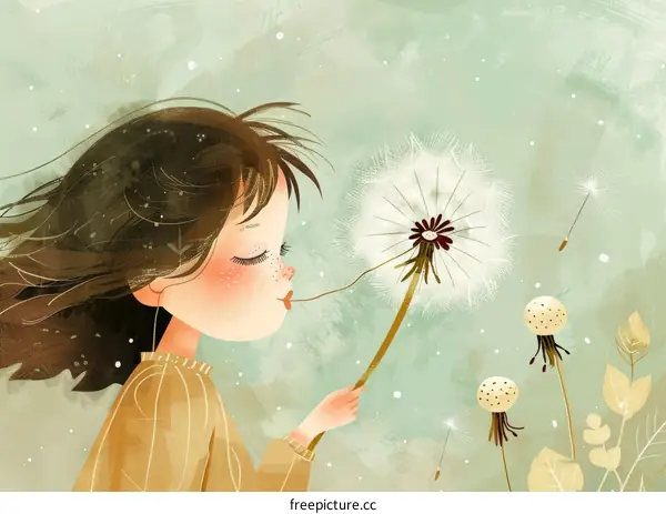 Little girl blowing dandelion seeds in the wind