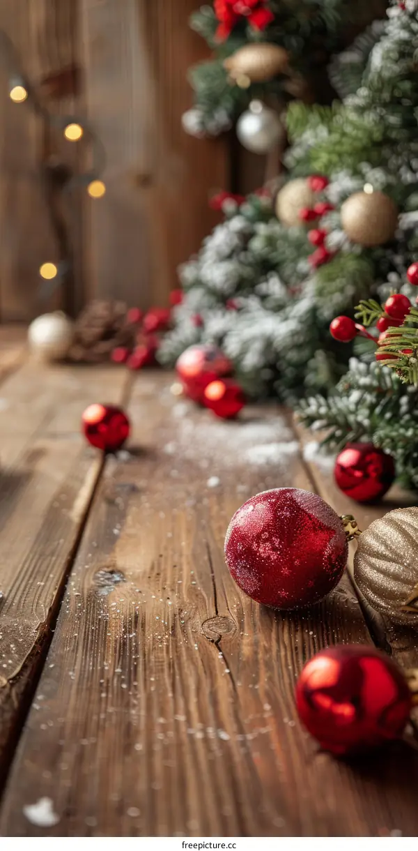 Red and gold Christmas ornaments on a wooden table