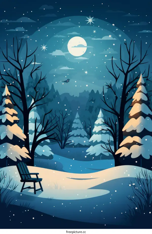 Snowy forest at night with a bright shining moon and a lonely bench