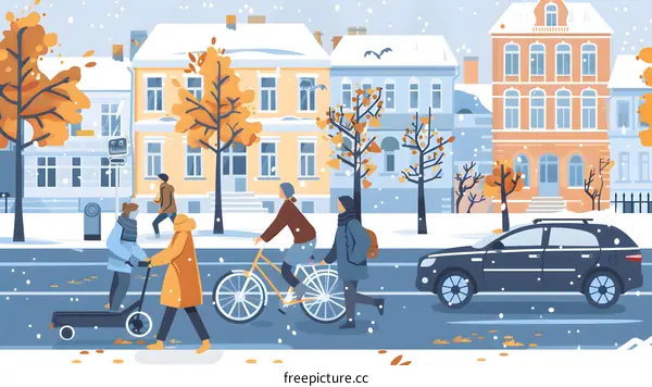 Winter Cityscape with People Walking and Cycling