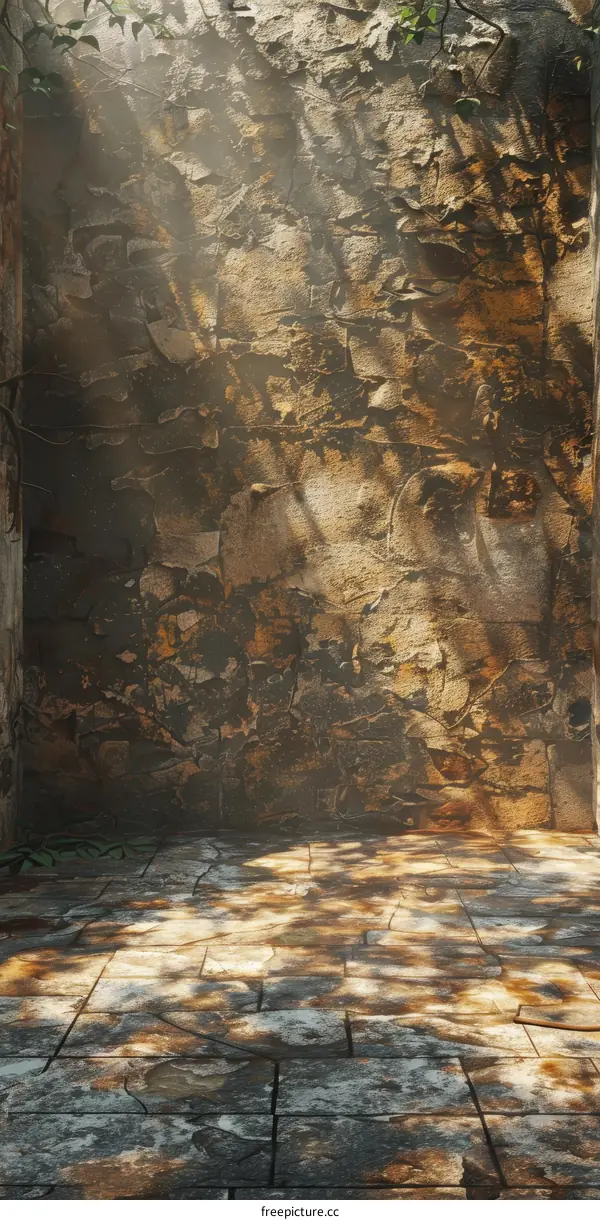 Stone Wall With Sunbeams and Green Vines