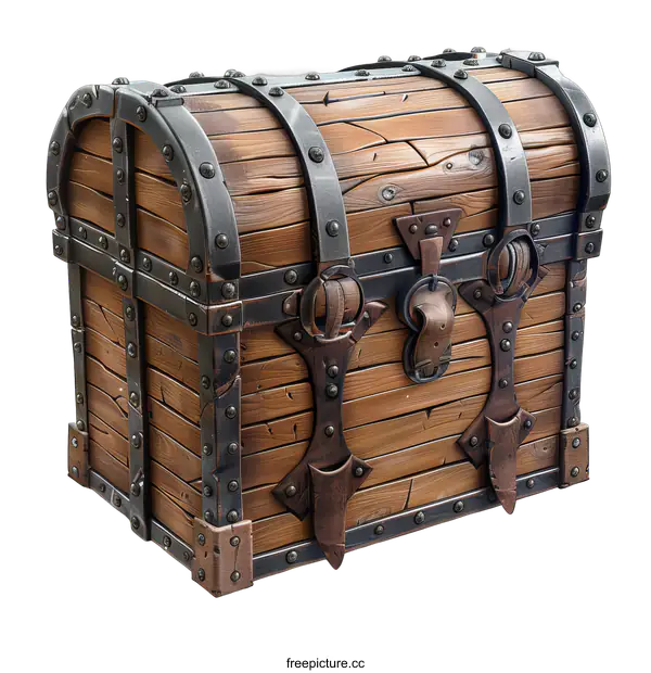 [Transparent Background PNG]An illustration of a wooden treasure chest with metal reinforcements.