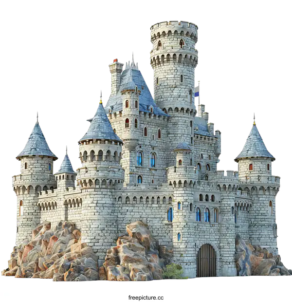 [Transparent Background PNG]A realistic rendering of a medieval castle with a large tower and several smaller towers.