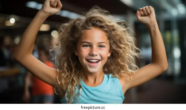 Curly Blonde Girl Raising Her Arms In Joy