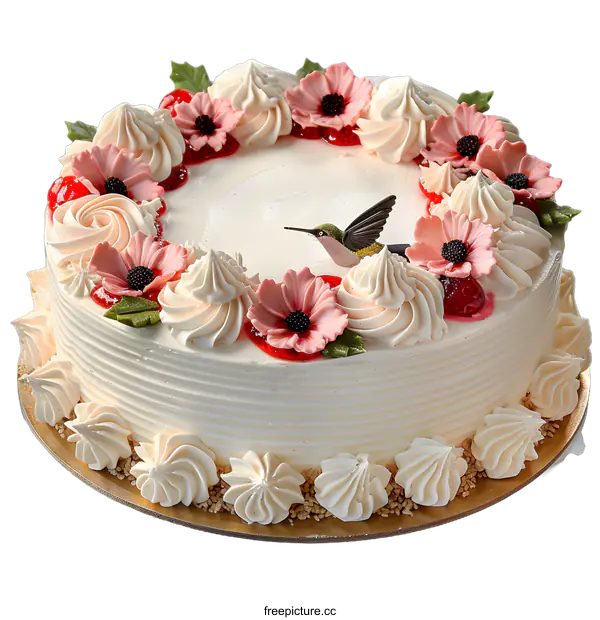 [Transparent Background PNG]A cake decorated with pink and white flowers and a hummingbird