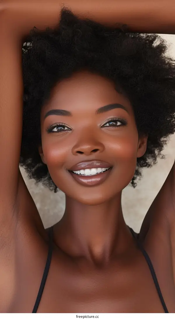 Close up portrait of a beautiful young African American woman with flawless skin smiling at the camera.