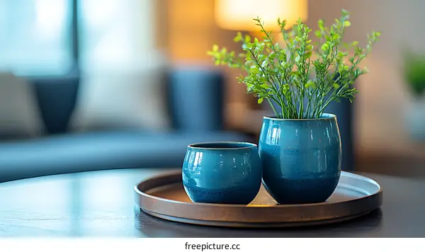 Blue Ceramic Pots with Greenery Interior Decor