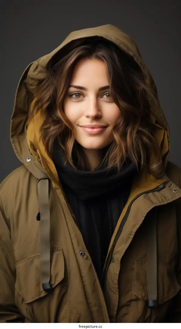 Portrait of a smiling young woman in a brown hooded jacket