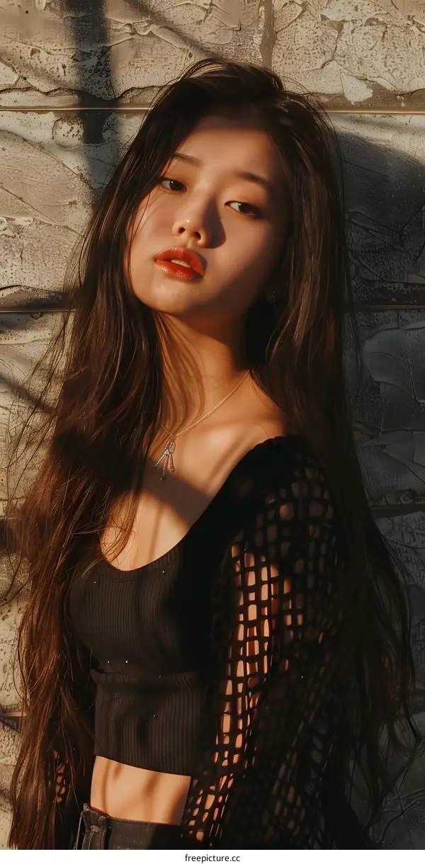 Young Woman with Long Dark Hair Posing Against a Brick Wall
