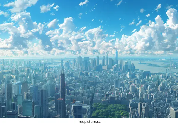 Aerial View of a Cityscape Under a Cloudy Sky