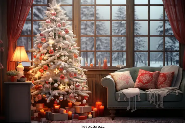 Cozy living room with Christmas tree and presents