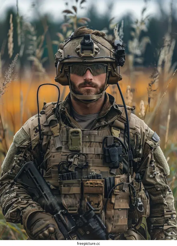 A soldier in full combat gear is standing in a field.