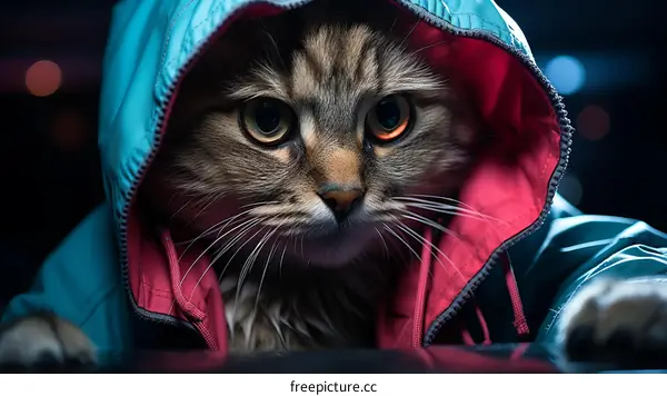 A Cat Wearing a Blue and Red Jacket