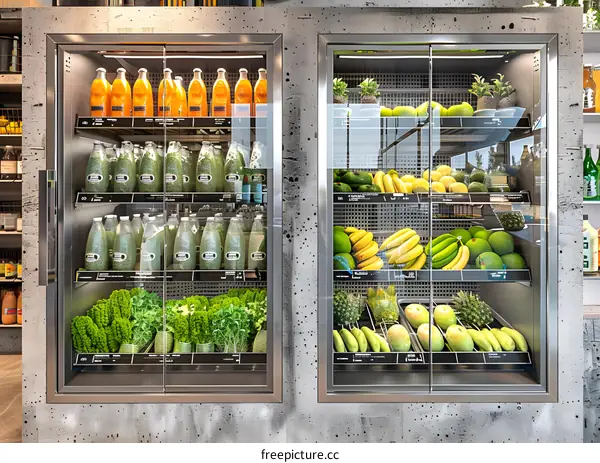 Fresh Juice and Fruit Display in a Modern Grocery Store