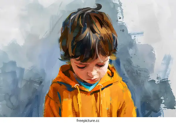 boy in orange hoodie looking down