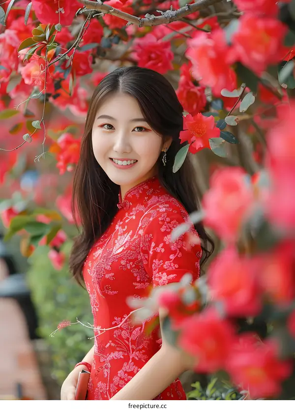 Smiling Woman In Red Dress With Red Flowers