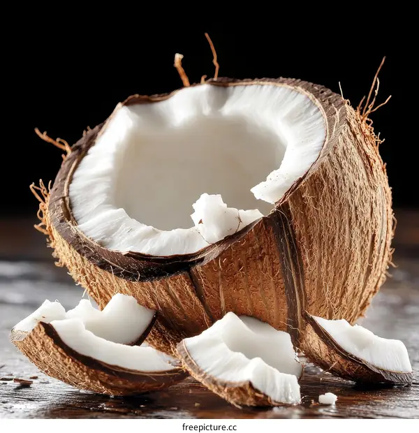 Fresh Coconut Pieces on Wooden Background