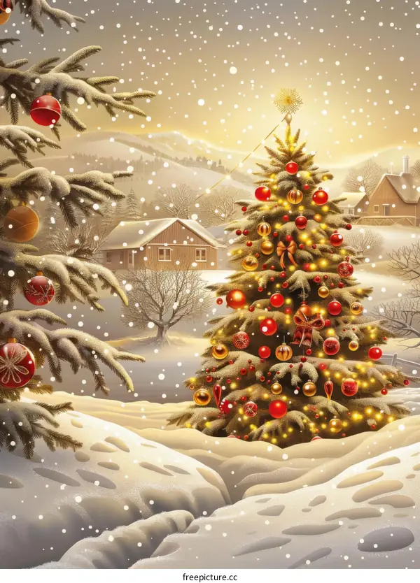 Christmas Tree in Snowy Village