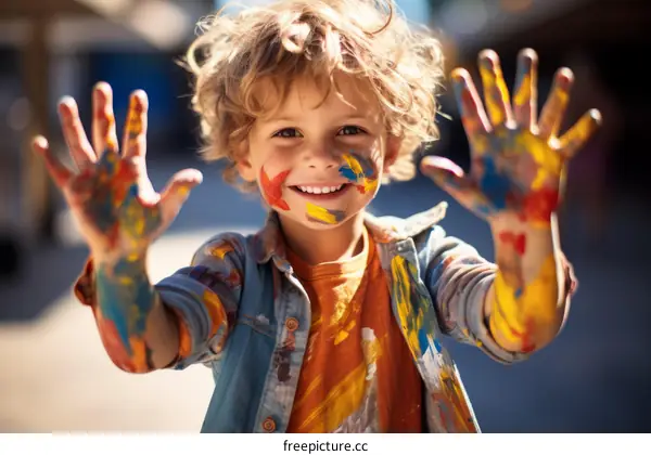 A young boy with blond curly hair and blue eyes is covered in paint and smiling at the camera