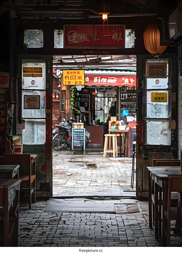 View Through Open Doorway in Chinese Restaurant