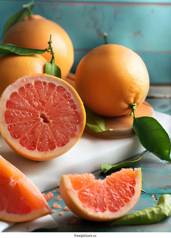 Fresh Grapefruit Slices on Wooden Table