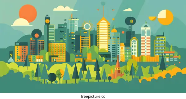 Modern Cityscape with Green Trees and Geometric Shapes