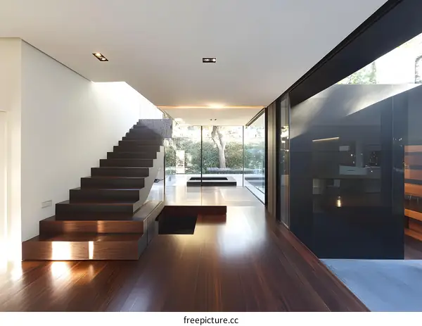 Modern Interior Design with Wooden Stairs and Floor