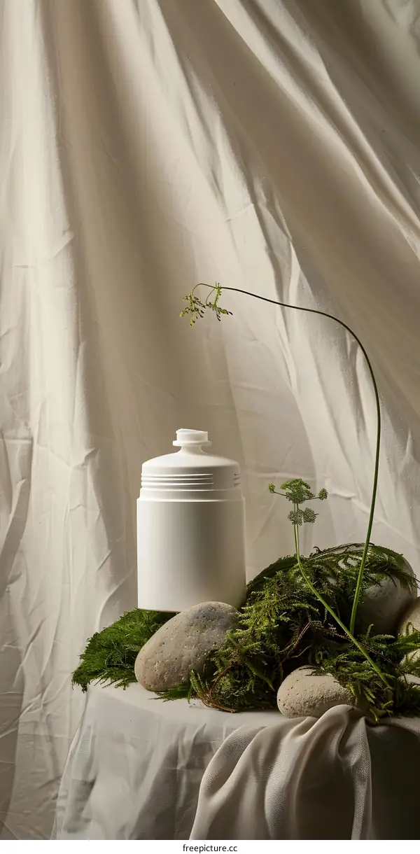White Container with Green Plant and Rocks on White Fabric