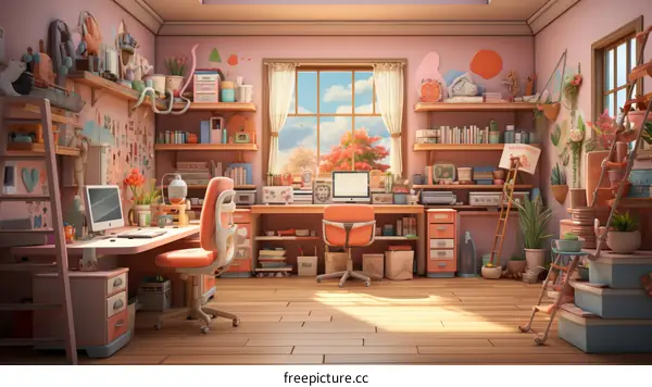 Modern Pink Home Office with Large Windows