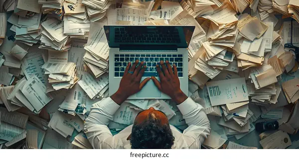 A man is drowning in paperwork