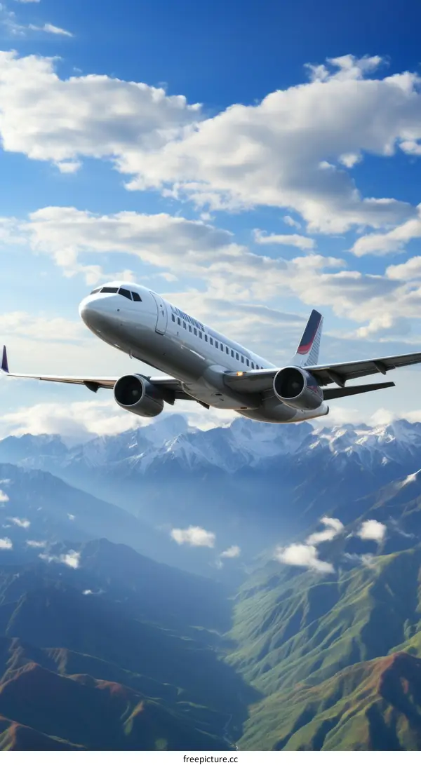 Airplane Soaring Over Cloud-Capped Mountains