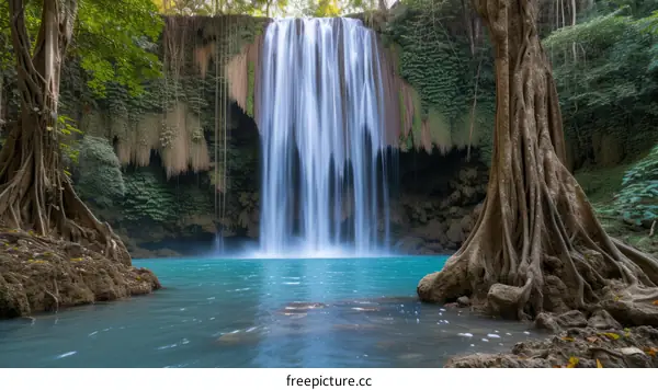 Waterfall in the jungle with blue water and green vegetation