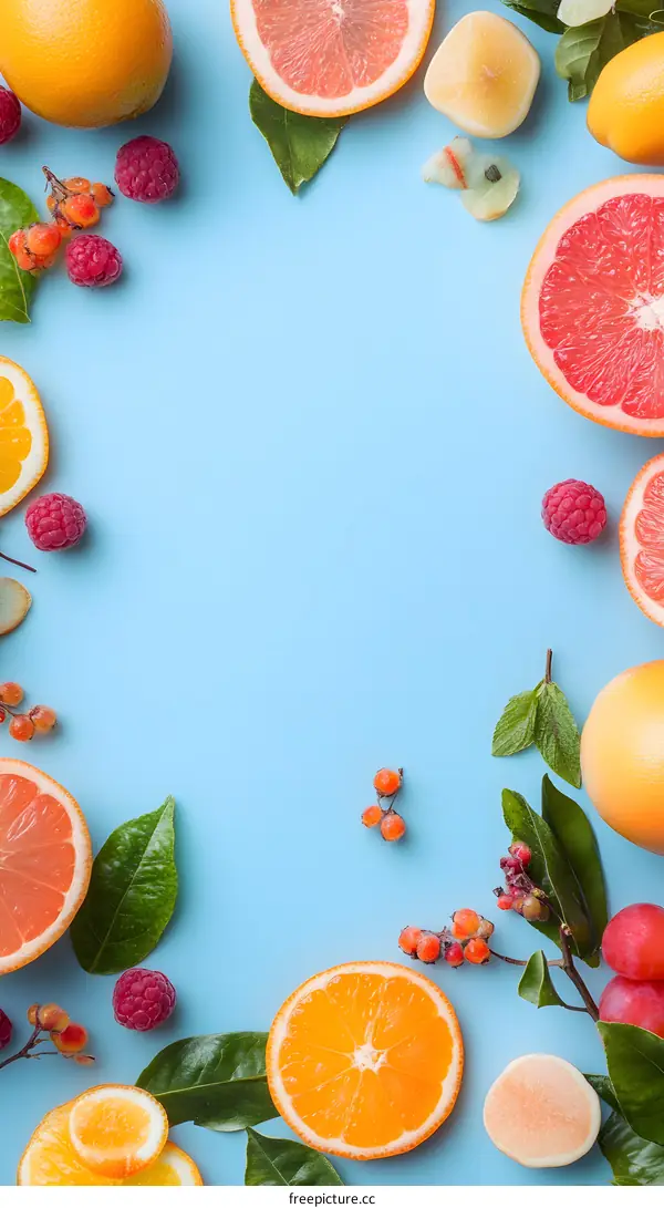 Fresh Citrus Fruit With Green Leaves on Blue Background