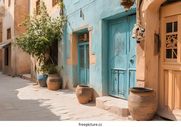 Blue Door in a Narrow Alleyway of a City in Morocco
