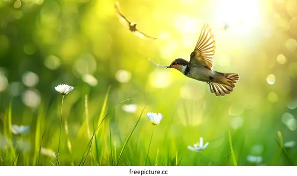 A bird flies over a field of flowers
