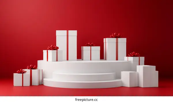 Minimalist Gift Boxes on White Podium Against Red Background