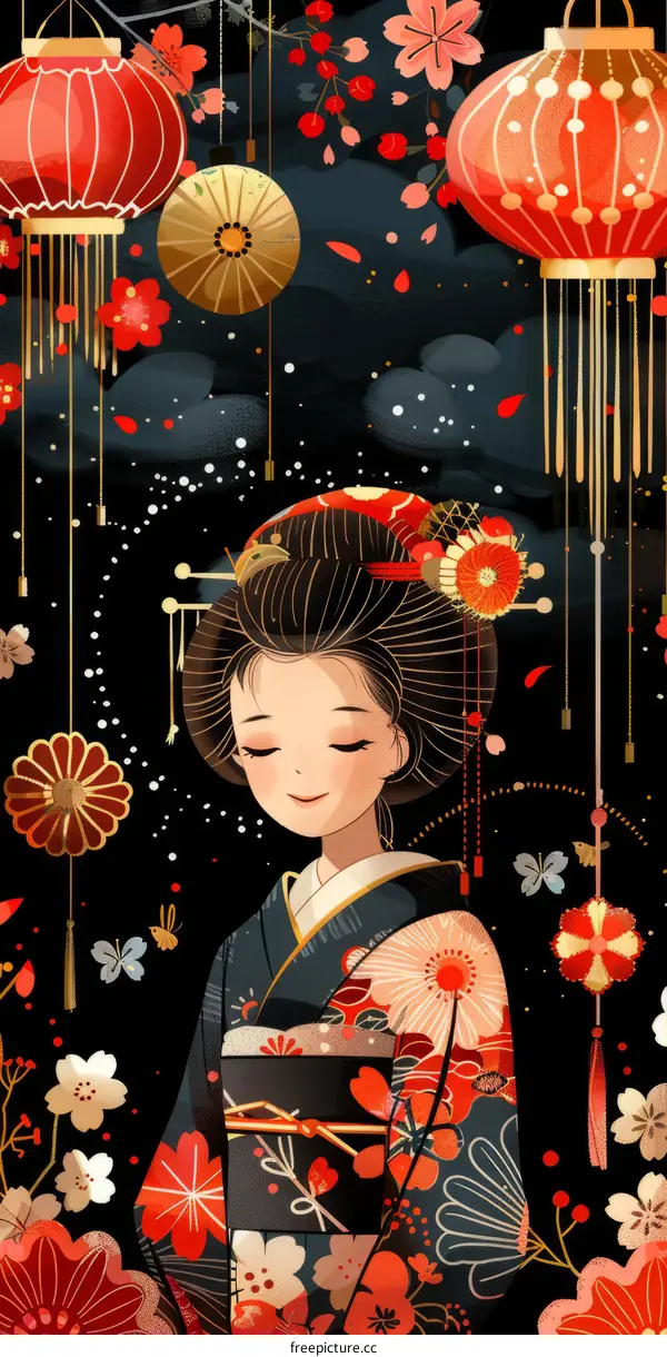A Japanese woman wearing a kimono stands in a field of flowers under a starry night sky.