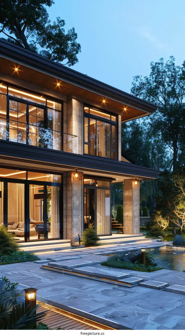 Modern house exterior with beautiful landscape and lighting