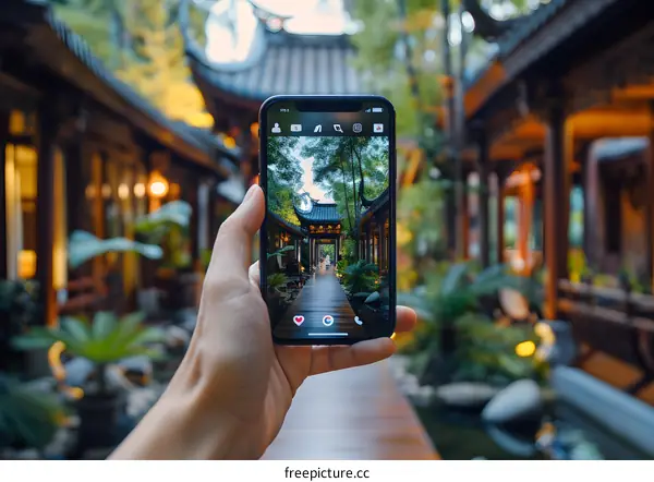 Hand Holding Smartphone Taking a Photo of Chinese Garden