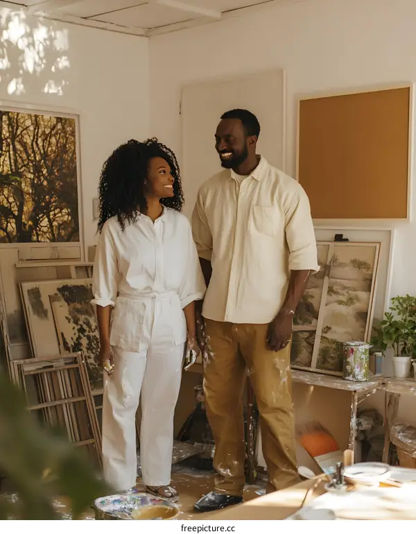 Couple In Love Painting Together Inside A Studio