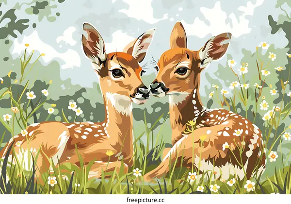 Two Cute Fawns In A Meadow